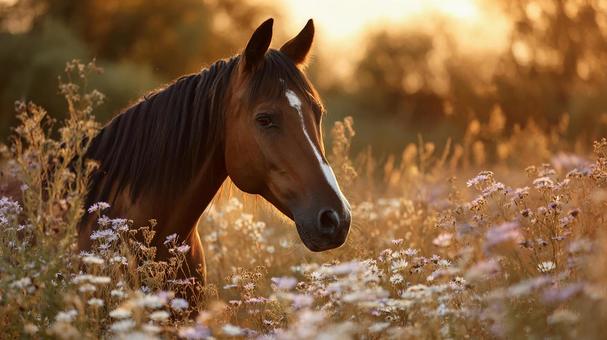 夕日に輝く美しい茶色の馬 夕日に輝く美しい茶色の馬の写真