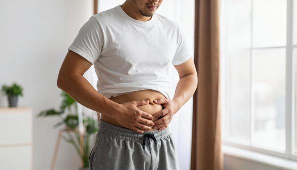 室内で自分のお腹の脂肪を気にする若い男性の写真