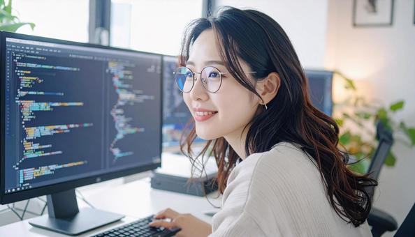 プログラミングをする女性エンジニア プログラミングをする女性エンジニアの写真