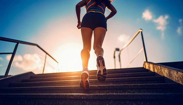 階段を駆け上がる日本人の女性ランナー 階段を駆け上がる日本人の女性ランナーの写真