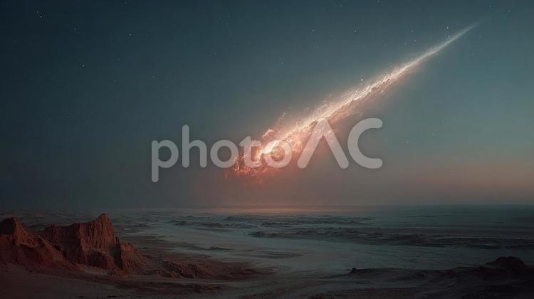 光の軌跡を残して落ちる隕石の壮大な眺め 流星,彗星,隕石の写真素材
