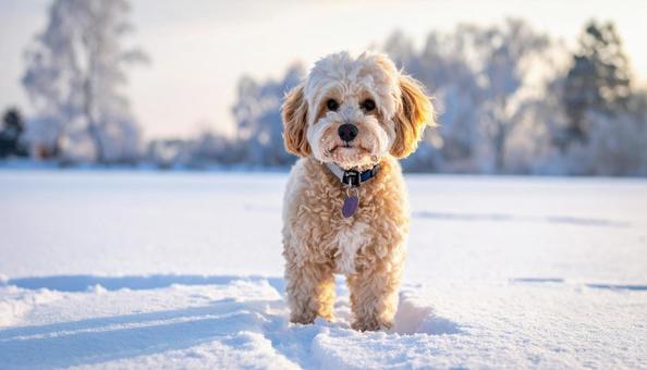 雪の上に立つマルチーズプードル 雪の上に立つマルチーズプードルの写真