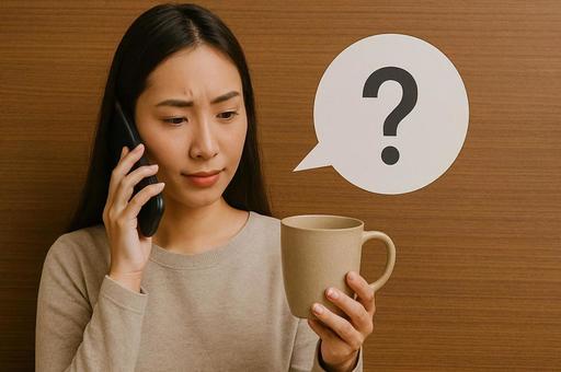 スマホで相談する女性と疑問マーク・ヘルプ スマホで相談する女性と疑問マーク・ヘルプの写真