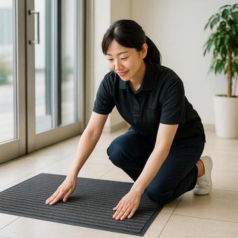 玄関マットを整える清掃スタッフの写真