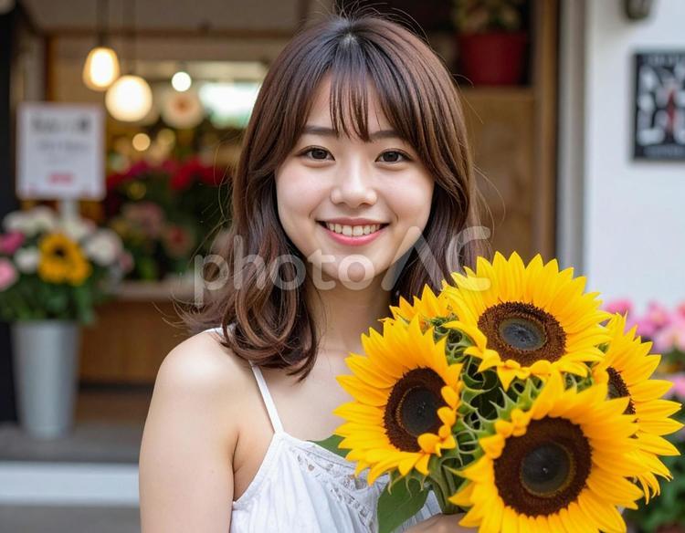 ひまわりの花束をあなたに 人物,女性,向日葵の写真素材