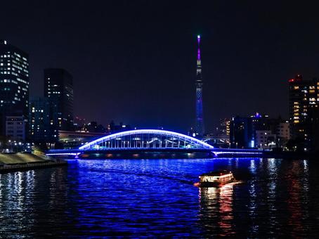 夜の清洲橋と屋形船 清洲橋,隅田川,屋形船の写真素材