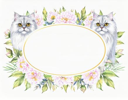 ペルシャ猫と花のラウンドフレームの写真