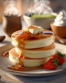 休日の朝食:絶品パンケーキとフルーツ 休日の朝食:絶品パンケーキとフルーツの写真