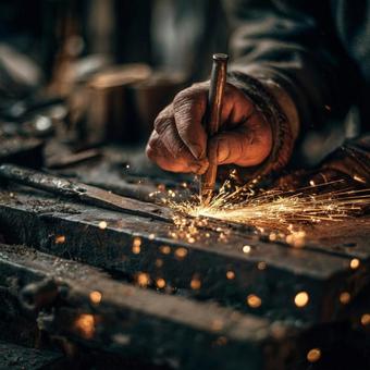 職人が金属加工中に飛び散る火花の瞬間 職人が金属加工中に飛び散る火花の瞬間の写真