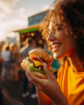 町中でハンバーガーを食べる女性 町中でハンバーガーを食べる女性の写真