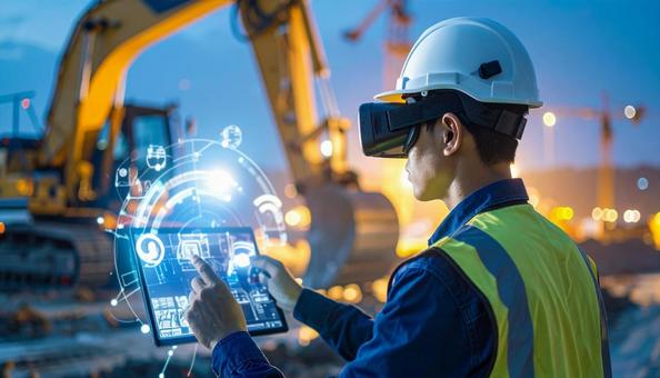 スマートグラスで重機を操作する未来の現場の写真