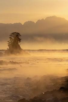 朝日に染まる雨晴海岸_縦 毛嵐,雨晴海岸,ご来光の写真素材