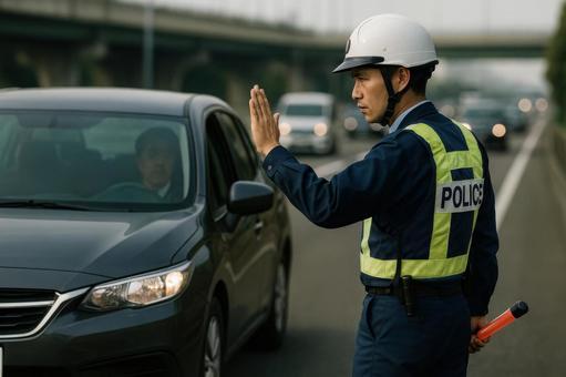 高速道路で検問する警察官 高速道路で検問する警察官の写真
