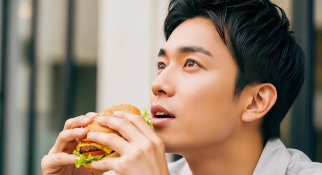 ハンバーガーを食べる男性のアップ写真 ハンバーガーを食べる男性のアップ写真の写真