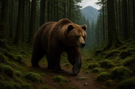 森の中を歩くヒグマの写真