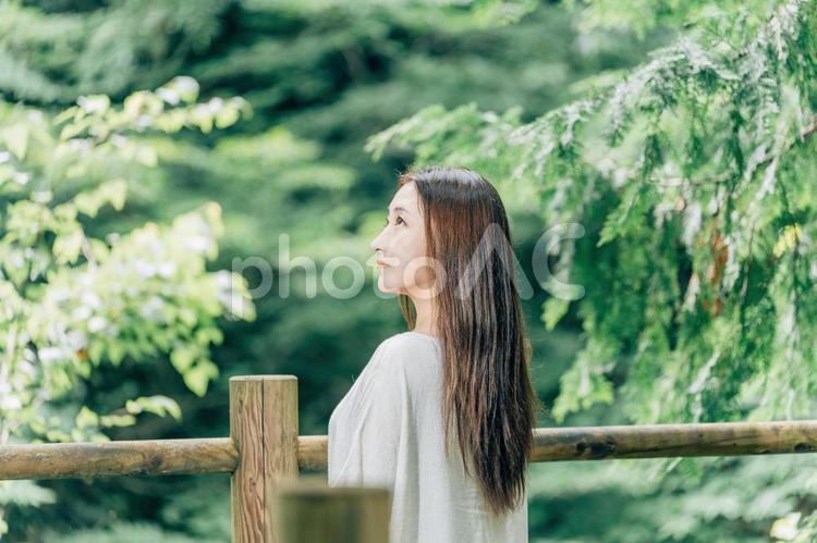 森林浴する美髪の日本人女性 スピリチュアル,パワースポット,森林浴の写真素材