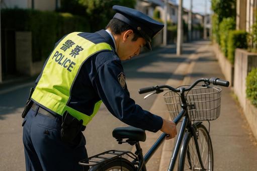自転車を点検する警察官 自転車を点検する警察官の写真