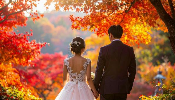 紅葉のウェデイングドレス姿の花嫁と花婿 紅葉のウェデイングドレス姿の花嫁と花婿の写真
