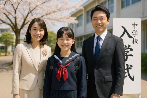 入学式に参加する両親と女の子(立て看板)の写真