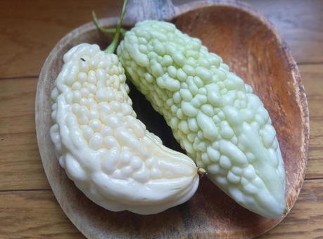 木皿に白ゴーヤ2つ 木皿に白ゴーヤ2つ 木皿,食べ物,野菜の写真素材