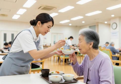 女性介護士が高齢女性に食事介助する場面 女性介護士が高齢女性に食事介助する場面の写真