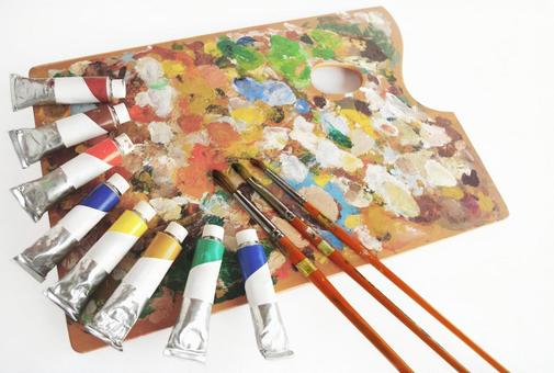 絵の具 画材 油絵用パレットと絵筆 絵の具 画材 油絵用パレットと絵筆 の写真