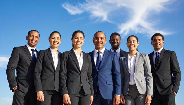 青空の中で立つスーツ姿の男女  青空の中で立つスーツ姿の男女 の写真