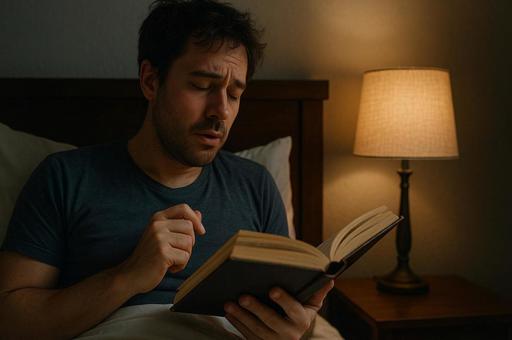 読書する男性と枕元の灯り 読書する男性と枕元の灯りの写真