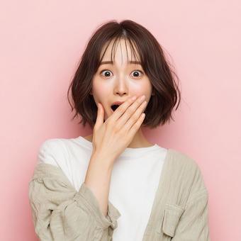 ピンクの背景で驚きの表情を見せる女性 ピンクの背景で驚きの表情を見せる女性の写真