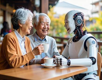 老人とAIサイボーグの温かいティータイム 老人とAIサイボーグの温かいティータイムの写真