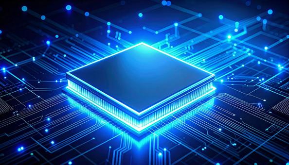 青く光る半導体チップ 青く光る半導体チップの写真