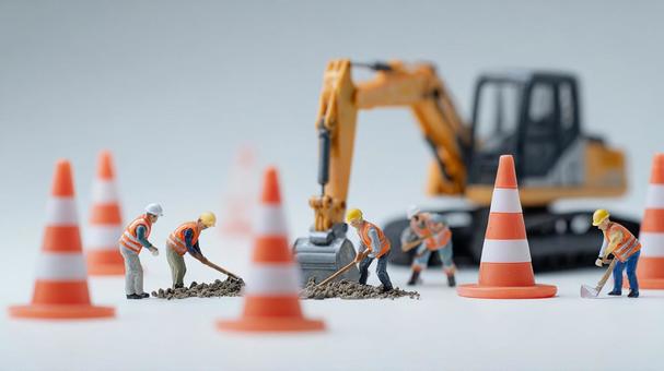 工事現場を再現したミニチュアモデルと重機 工事現場を再現したミニチュアモデルと重機の写真
