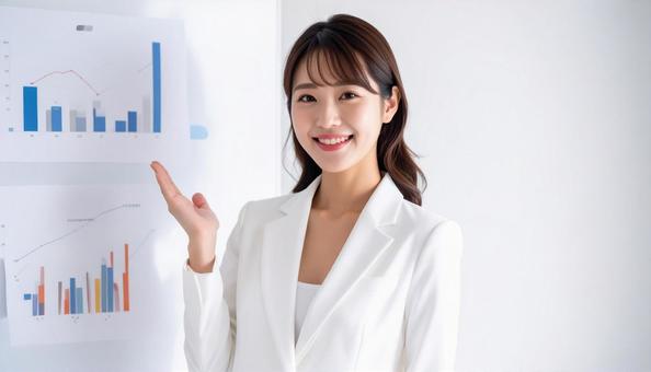 グラフの前に立つ日本人女性会社員の写真