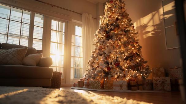 光に包まれたクリスマスツリーとプレゼント 光に包まれたクリスマスツリーとプレゼントの写真