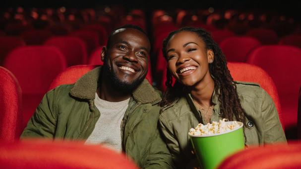 映画館でデートを楽しむ笑顔のカップル 映画館でデートを楽しむ笑顔のカップルの写真