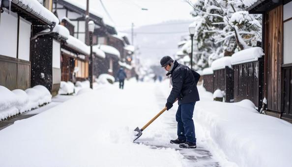 大雪が降った日の翌日の朝に雪かきする男性 大雪が降った日の翌日の朝に雪かきする男性 の写真