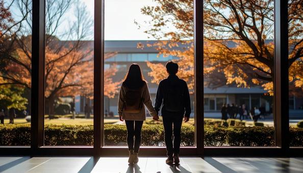 大学のキャンバスを並んで歩く二人の大学生 大学のキャンバスを並んで歩く二人の大学生の写真
