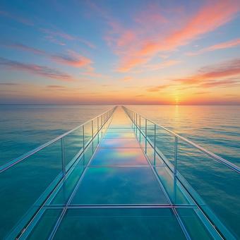 ガラスの桟橋と海に沈む夕日の写真