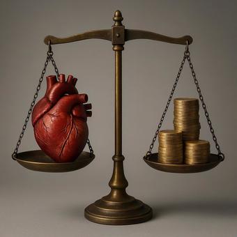 心と富の均衡（天秤にかけた心臓と金貨）の写真
