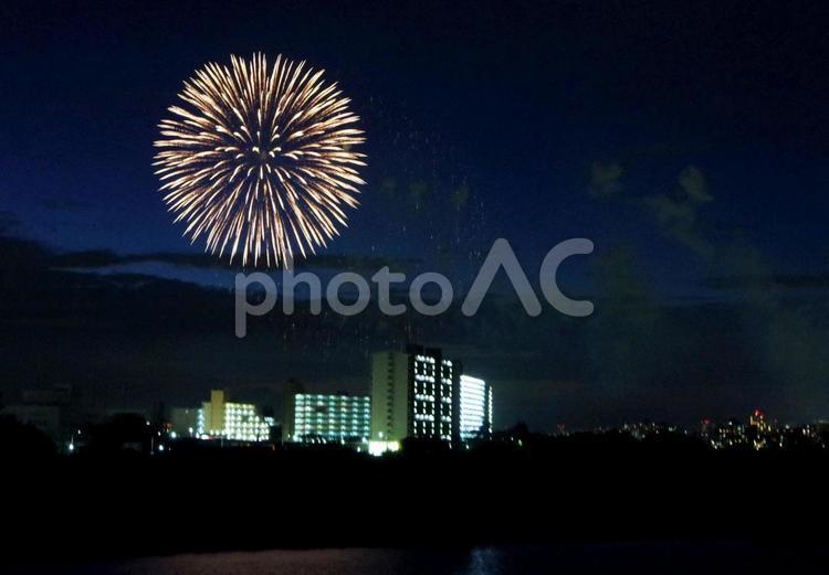 住宅地の上に咲く大きな花火 花火,夏,光の写真素材