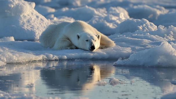 氷に囲まれた場所で、眠るホッキョクグマ 氷に囲まれた場所で、眠るホッキョクグマの写真