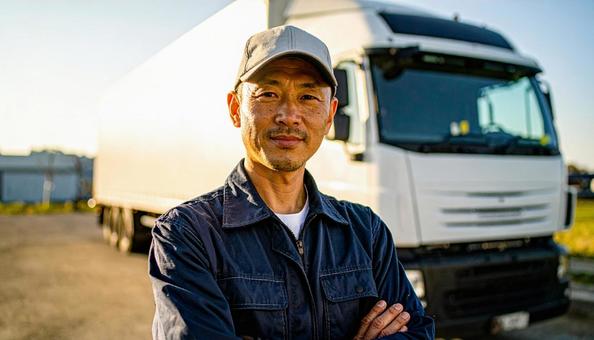 作業服を着たトラックの整備士 作業服を着たトラックの整備士の写真