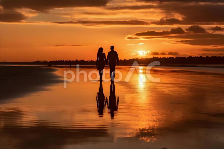 夕日の美しいビーチを歩くカップル２ 夕日,夏,カップルの写真素材