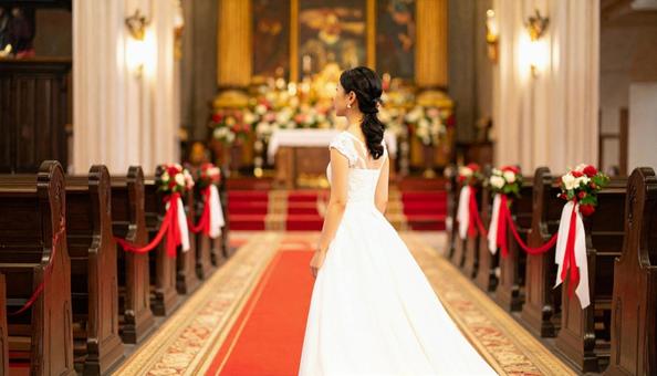 教会のバージンロードを歩く花嫁の後ろ姿 教会のバージンロードを歩く花嫁の後ろ姿の写真