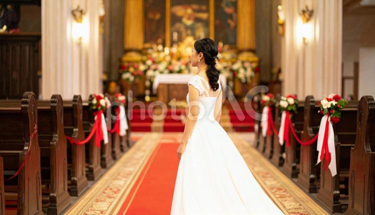 教会のバージンロードを歩く花嫁の後ろ姿 花嫁,バージンロード,教会の写真素材