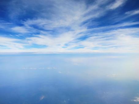 Photo, view from airplane, blue sky, sky and sea, 