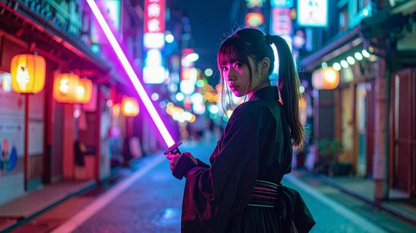 光る日本刀を持った若い女性02 光る日本刀を持った若い女性02の写真