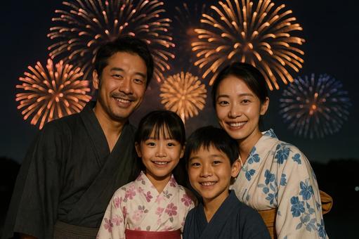 花火と家族の記念撮影 花火と家族の記念撮影の写真