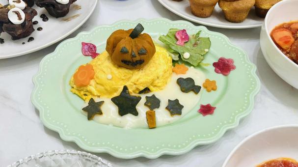 ハロウィンパーティーの家ごはん オムレツ,かぼちゃ,料理の写真素材