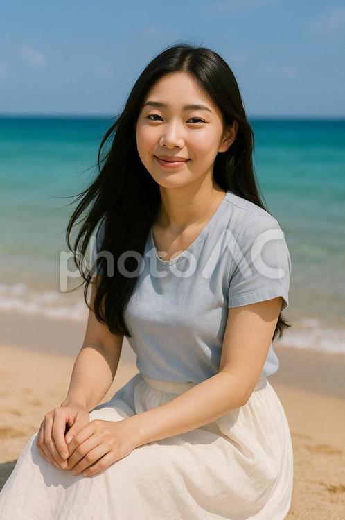 夏の海辺に座る青ブラウスと白スカート女性 女性,青ブラウス,白スカートの写真素材